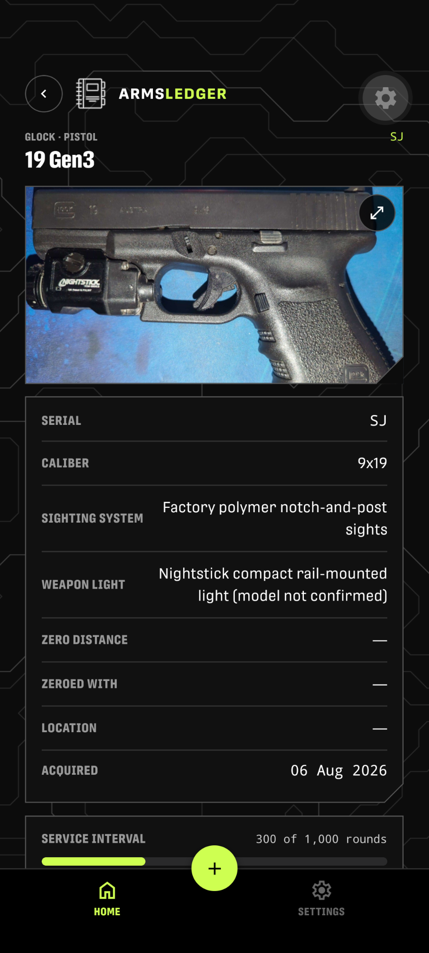 ArmsLedger record detail showing serial, calibre, sighting system and service interval