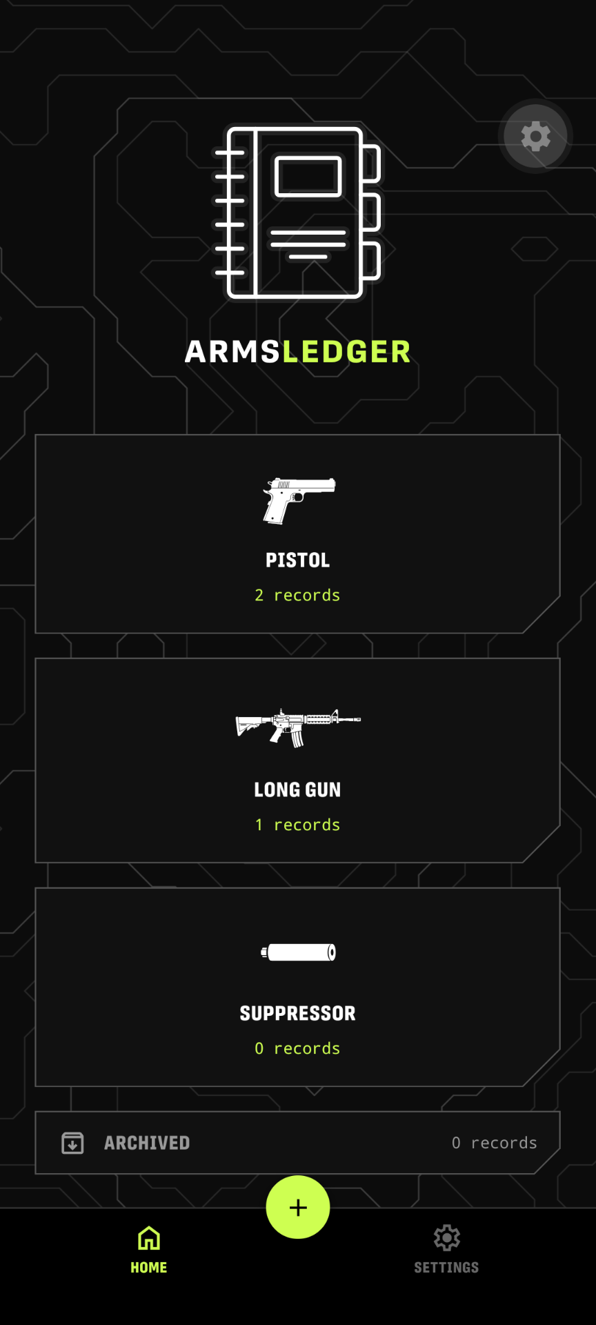 ArmsLedger inventory screen showing pistol, long gun and suppressor categories